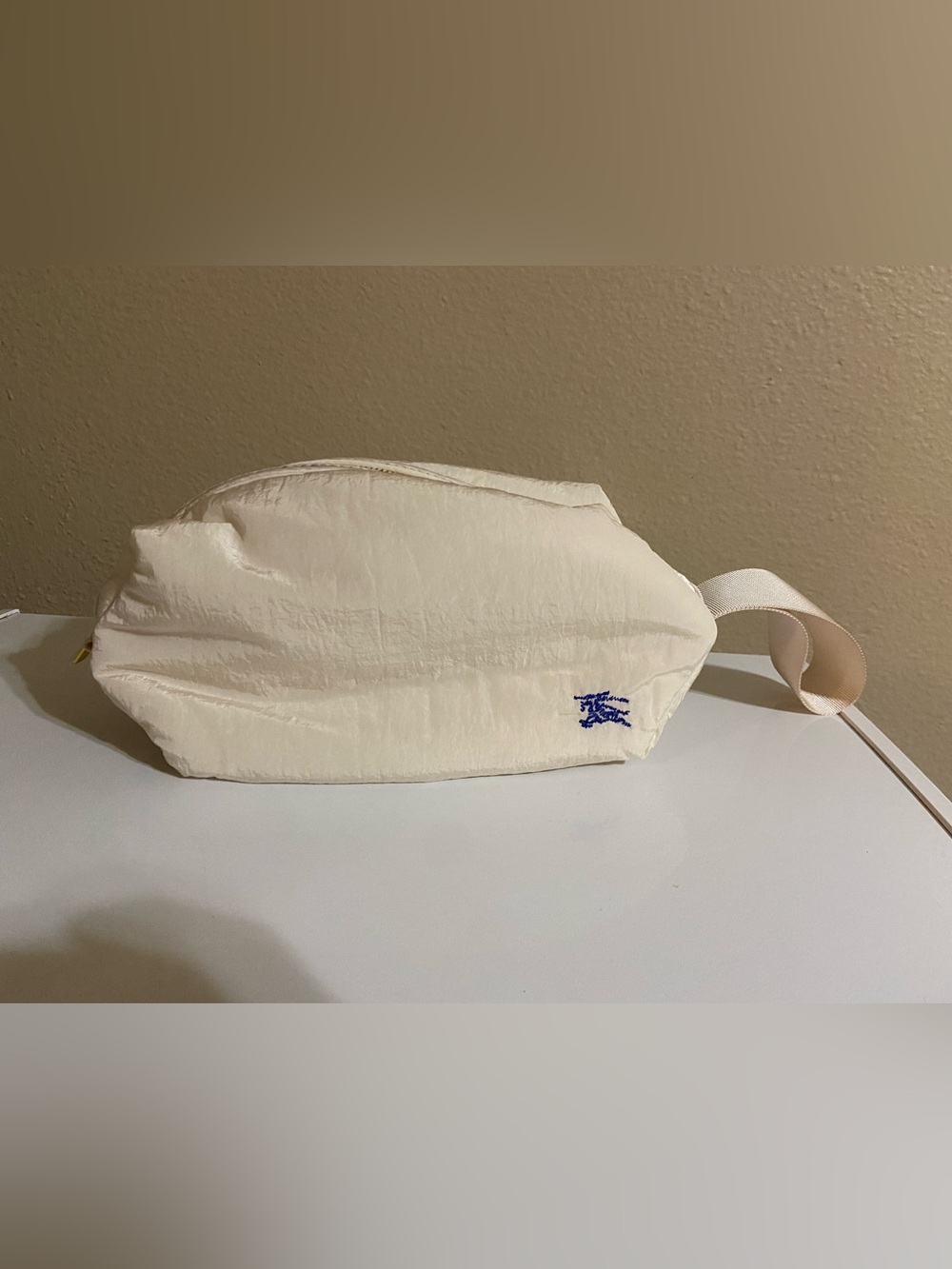 Burberry Cream Canvas Pouch with Blue Embroidery